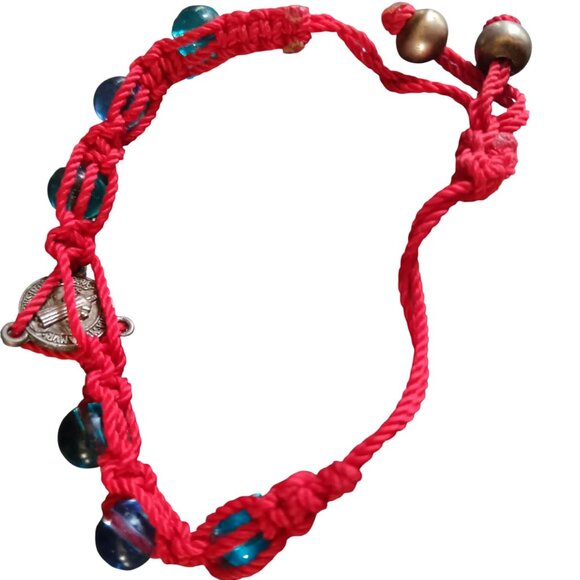 Vintage Catholic Bracelet Handmade Red Braided Glass Beads & Metal Charm - Picture 4 of 4
